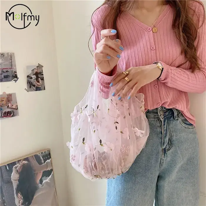 InjMesh-Sac fourre-tout brodé de fleurs pour femmes