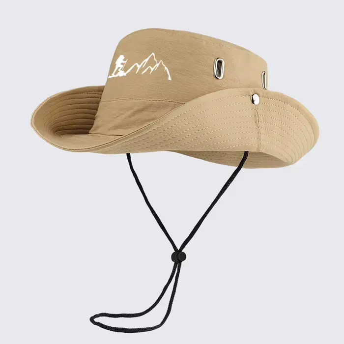 Chapeau de pêcheur imprimé Hiker and Mountain : Chapeau de pêcheur à large bord, respirant, avec cor