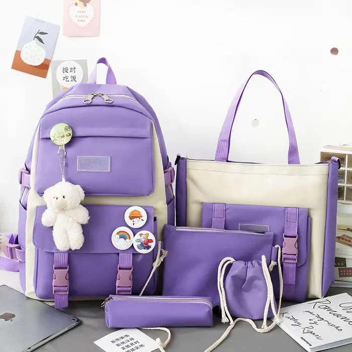 5 pièces ensemble sacs d'école pour adolescent sac à dos femme filles toile couleur unie femmes