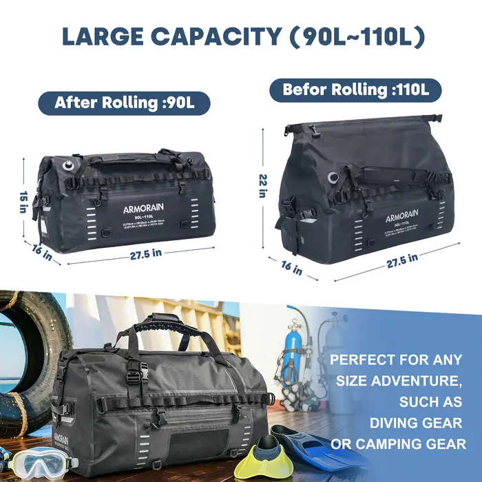Sac de voyage étanche IPX8 100L 120L grande capacité avec sangle gonflable durable pour les longs trajets