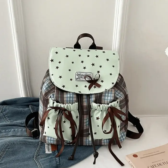 Sac à dos double épaule Sweet Bow, imprimé étoiles, couleur contrastée, sacs d'école pour étudiants, motif à carreaux, vintage, vert menthe, petit sac à dos pour filles