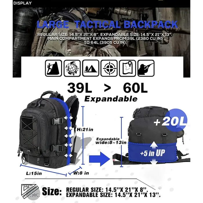 Sac à dos extérieur de grande capacité 65L – Sac à dos de randonnée étanche MOLLE pour le camping