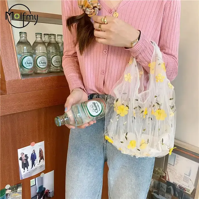 InjMesh-Sac fourre-tout brodé de fleurs pour femmes