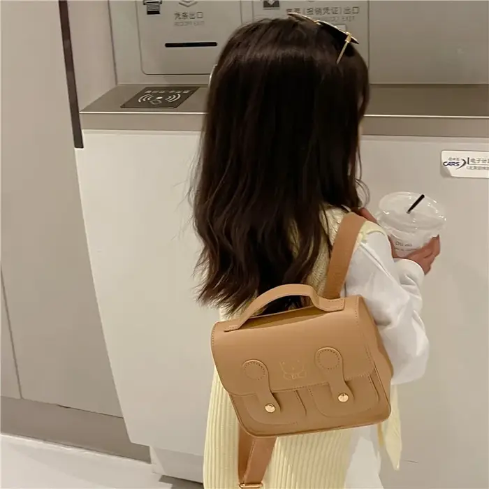 Sac à dos rétro style universitaire pour enfants, sac à dos carré en PU à double bandoulière avec motif petit ours de dessin animé pour garçons et filles, sac à main de loisirs pour bébé