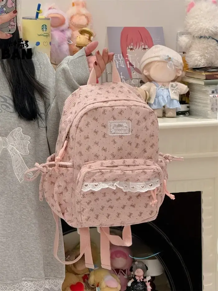 Sac à dos en velours côtelé à pois avec nœud en dentelle, grande capacité, pour étudiante, Mochila,