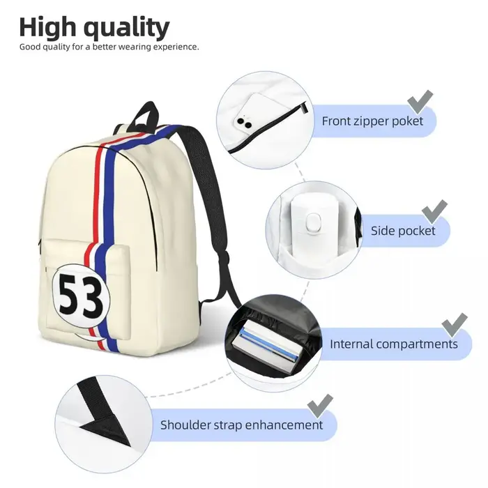 Herbie numéro 53 mode sac à dos avec poche étudiant affaires course voiture passionnés rayure sac à dos hommes femmes ordinateur portable sac à bandoulière