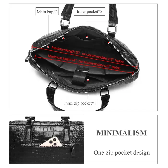Sac pour ordinateur portable en cuir véritable gaufré crocodile