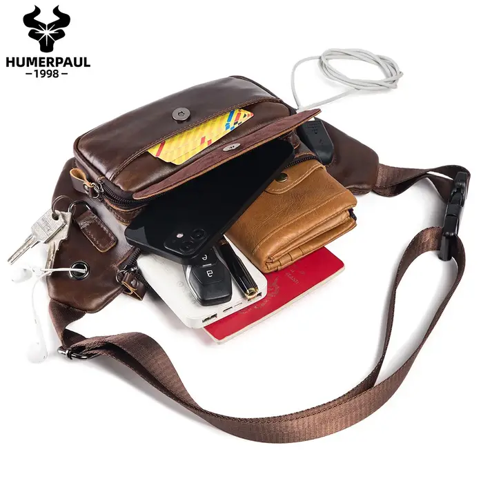 Sac de poitrine en cuir véritable pour homme