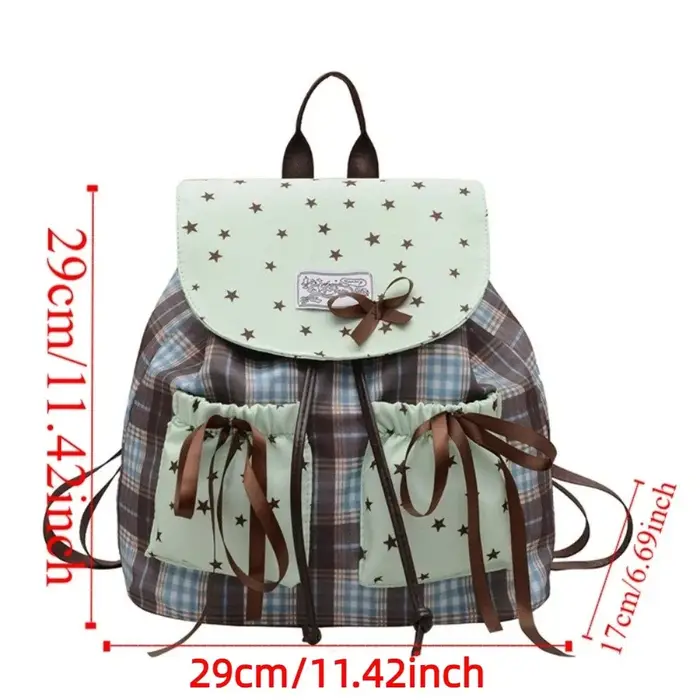 Sac à dos double épaule Sweet Bow, imprimé étoiles, couleur contrastée, sacs d'école pour étudiants, motif à carreaux, vintage, vert menthe, petit sac à dos pour filles