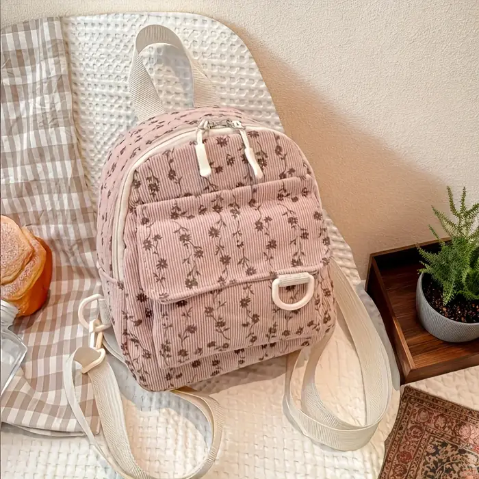Mini sac à dos pour femme avec motif floral marron et ruban en satin couleur café, bretelles réglabl