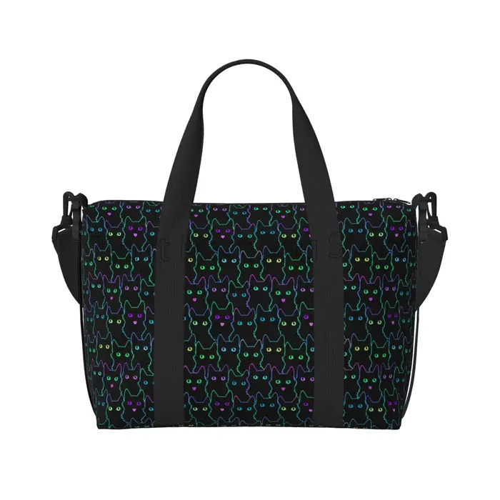 Sac polochon de voyage avec chats noirs de dessin animé mignon, sac de week-end personnalisé avec ba
