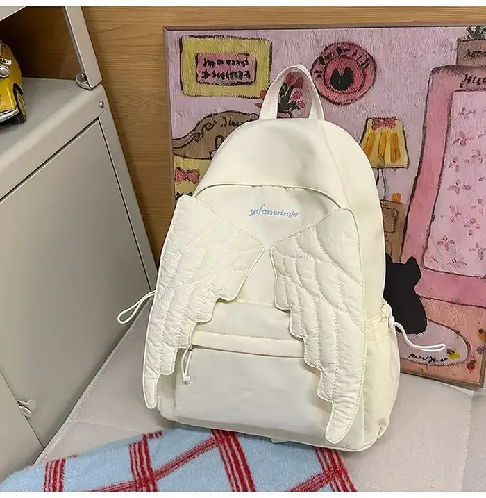 Sac à dos en nylon Sweet Wings pour femmes, grande capacité, léger, pour étudiantes, style girly, couleur unie, sac à bandoulière, sac à dos