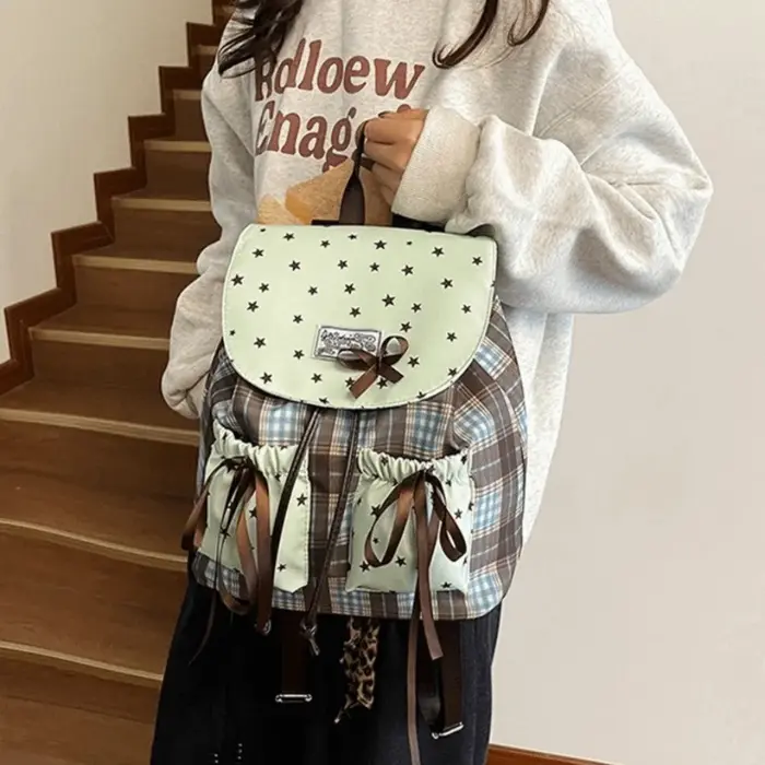 Sac à dos double épaule Sweet Bow, motif à carreaux, imprimé étoiles, sacs d'école pour étudiants, vintage, couleur contrastée, vert menthe, petit sac à dos pour filles