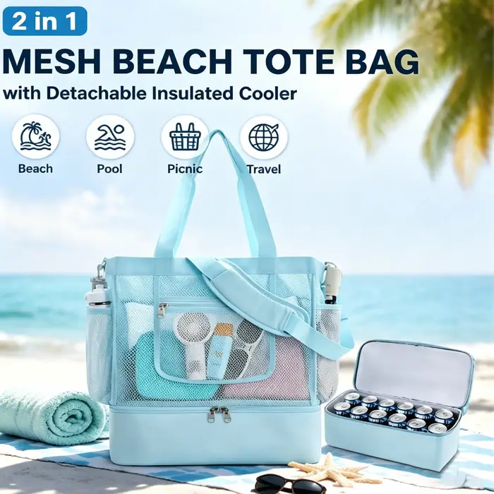 Sac de plage en maille 2-en-1 avec glacière isotherme amovible