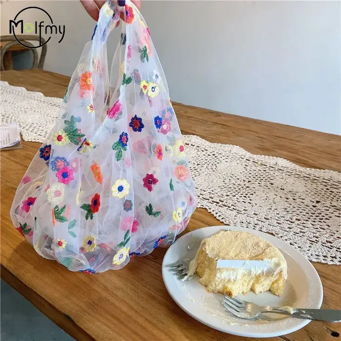 InjMesh-Sac fourre-tout brodé de fleurs pour femmes