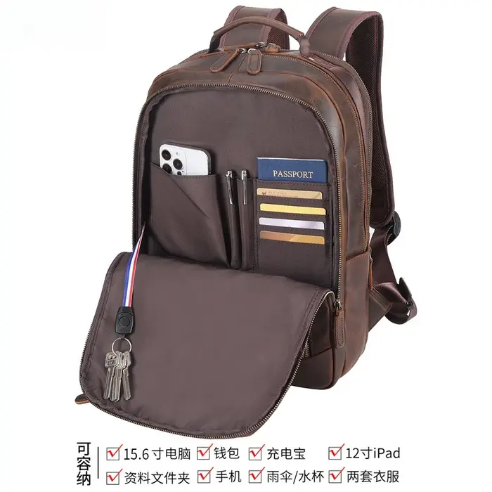 Sac à dos pour ordinateur portable en cuir véritable pour hommes de 15