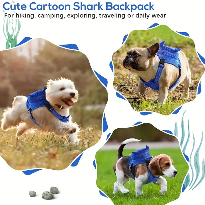 Sac à dos pour chien, harnais, sac à dos sans traction avec anneau en D pour petits et moyens chiens, mignon requin, auto-transportant pour animaux de compagnie, voyage réglable