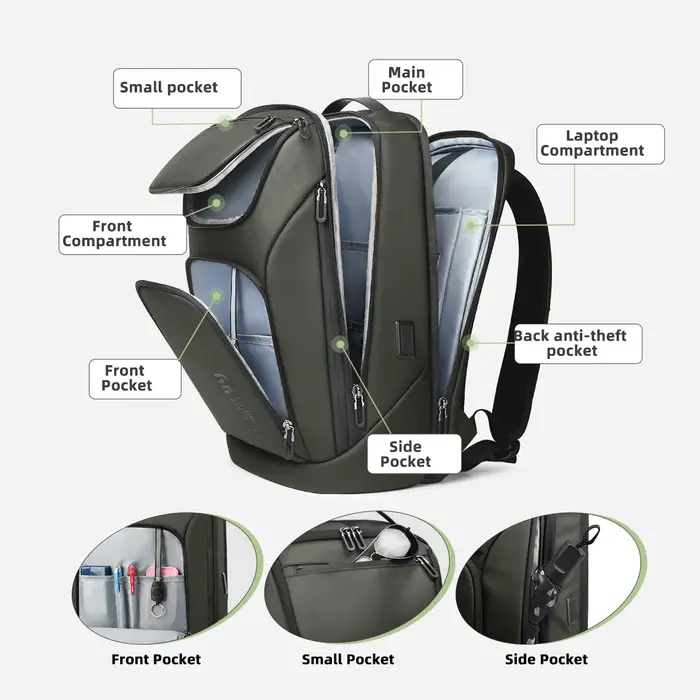 Sac à dos de voyage multifonctionnel HK 17'' pour ordinateur portable, avec port USB, étanche, pour