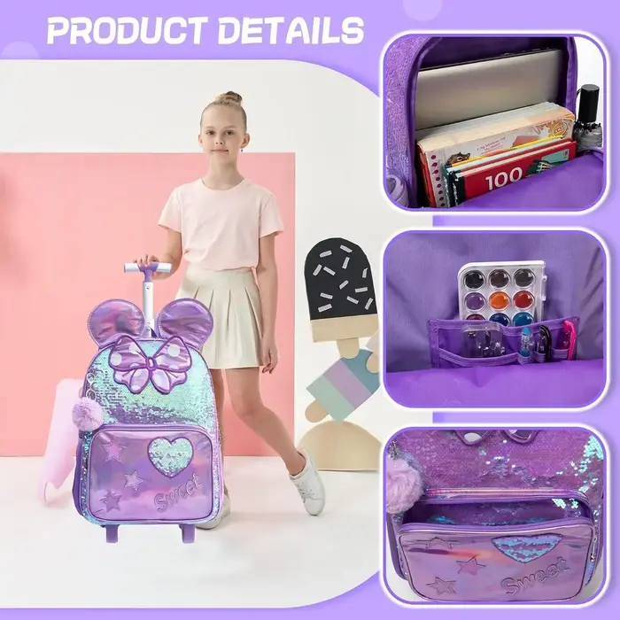 3 pièces mignon paillettes filles sac à dos roulant primaire enfant école sacs à dos fille avec roues retour à l'école