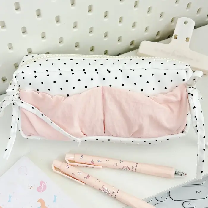 Sac à stylos à motif de pois Simple, grande capacité, trousse à crayons avec nœud papillon, sac de p