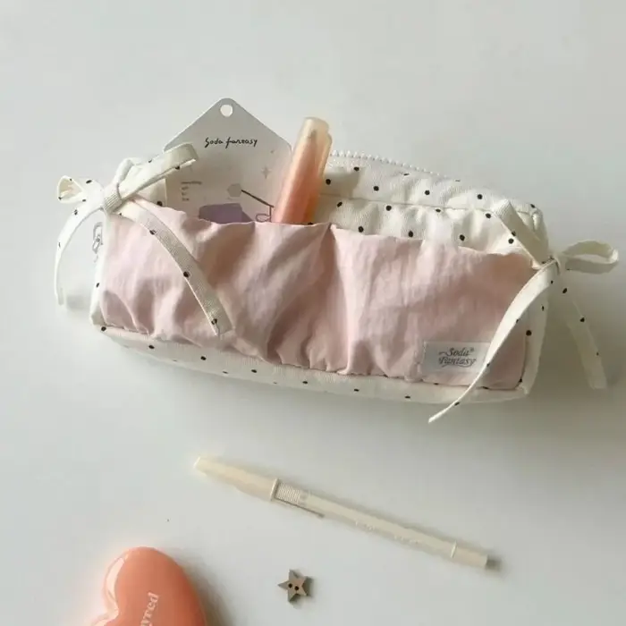Sac à stylos à motif de pois Simple, grande capacité, trousse à crayons avec nœud papillon, sac de papeterie multifonctionnel, cadeau