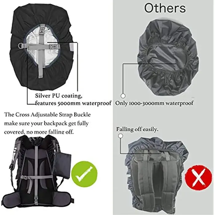Juste de pluie imperméable pour sac à dos avec sangle, sac à dos amélioré, randonnée, camping, cyclisme, 15L-65L