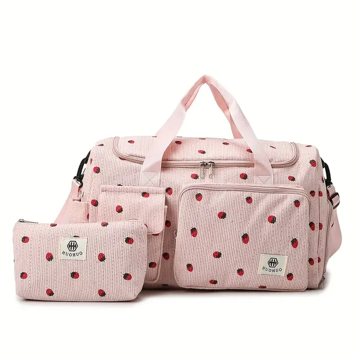 Sac de voyage fraise, sac à bagages en velours côtelé de grande capacité, sac à bandoulière léger, s