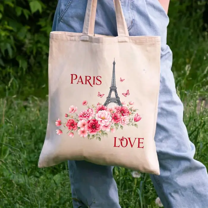 Sac fourre-tout en toile crème Paris Tour Eiffel imprimé amour floral