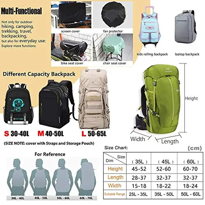 Juste de pluie imperméable pour sac à dos avec sangle, sac à dos amélioré, randonnée, camping, cyclisme, 15L-65L