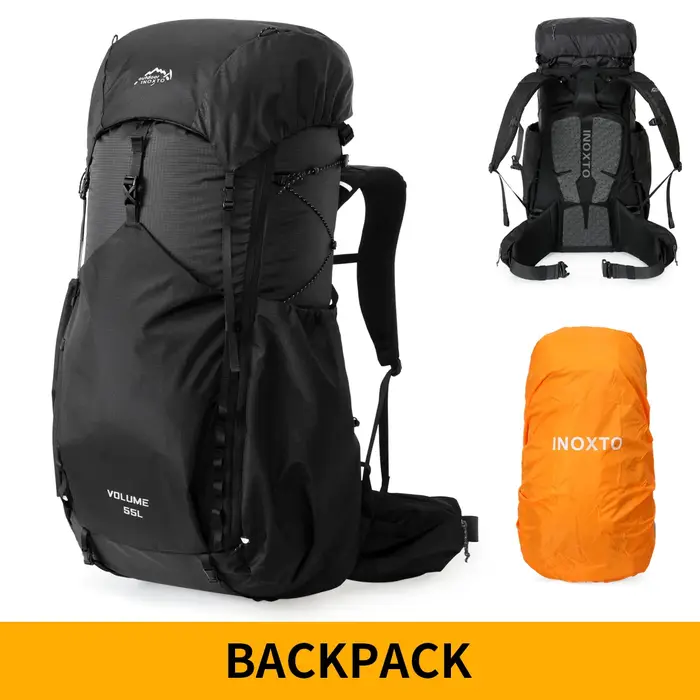 Sac à dos de randonnée imperméable 55L avec cadre interne et housse de pluie, grand sac à dos de voy