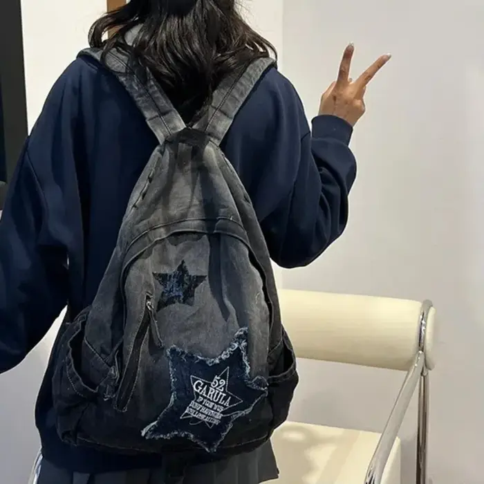Sac à dos en denim à motif étoile pour étudiants et adultes
