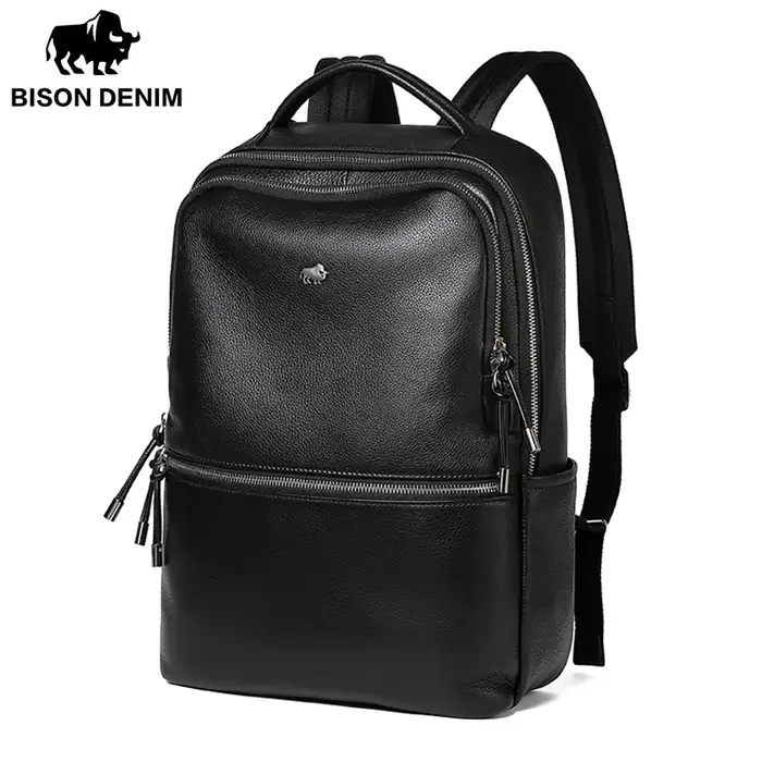BISON DENIM nouveau cuir véritable hommes sac à dos ordinateur portable école sac à dos sac 2025 mode étanche sac de voyage sac de livre décontracté