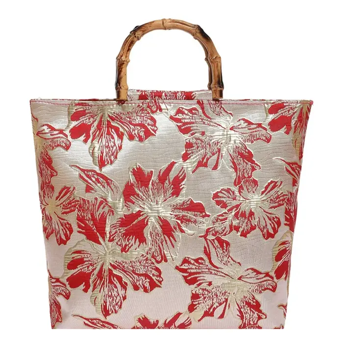 Sac fourre-tout en toile jacquard, poignée en bambou, grande capacité, style chinois, sac à main, ac