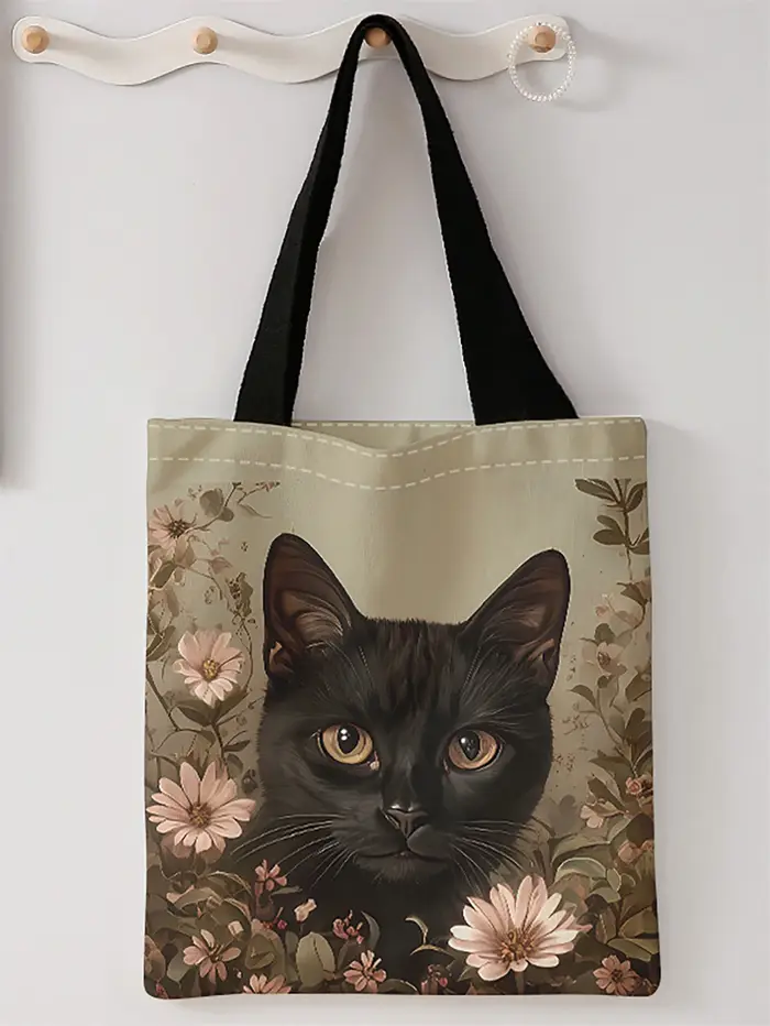 Sac à main décontracté imprimé motif chat noir, sac à dos réutilisable à la mode, sac à main multifonctionnel, sac de shopping en toile