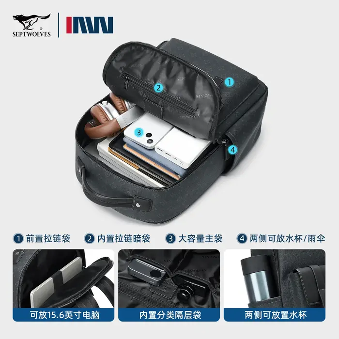 Septwolves sac à dos en cuir de luxe pour hommes monogramme imprimé élégant sac à dos pour ordinateu