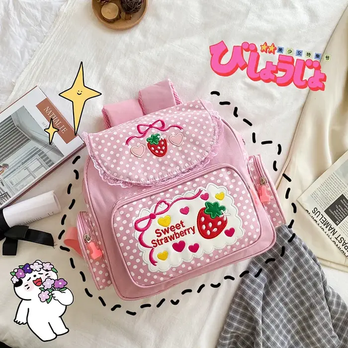 Sac d'école rose brodé de fraises pour filles