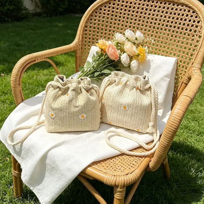 Sac mini seau tressé en herbe de plage