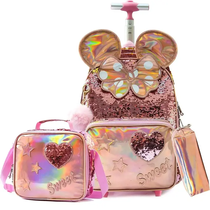 3 pièces mignon paillettes filles sac à dos roulant primaire enfant école sacs à dos fille avec roue