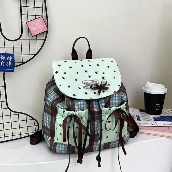 Sac à dos double épaule Sweet Bow, motif à carreaux, imprimé étoiles, sacs d'école pour étudiants, vintage, couleur contrastée, vert menthe, petit sac à dos pour filles