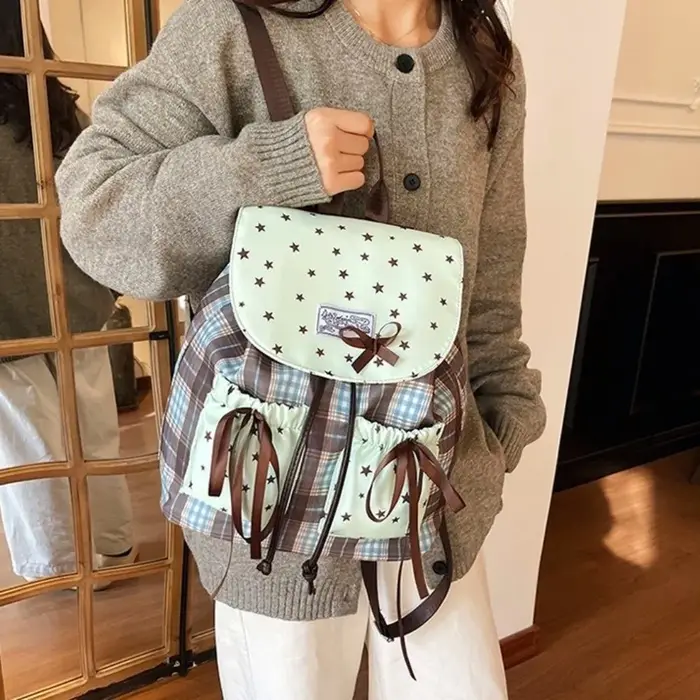 Sac à dos double épaule Sweet Bow, motif à carreaux, imprimé étoiles, sacs d'école pour étudiants, motif quadrillé, contraste de couleurs, vert menthe, petit sac à dos