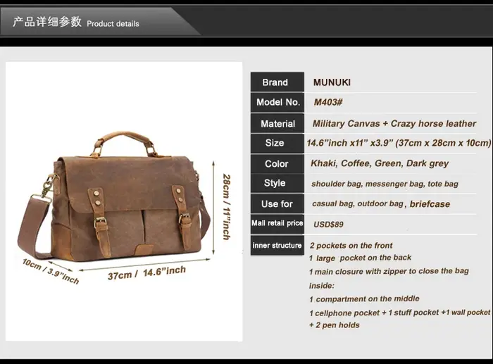 Porte-documents Vintage en Cuir et Toile pour Homme