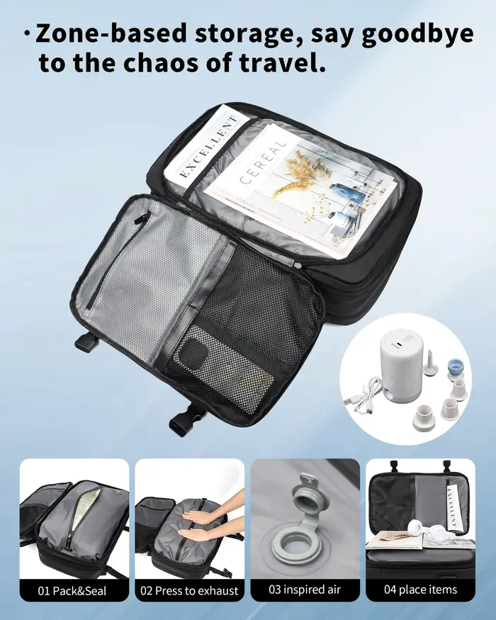 Sac à dos de voyage 60L extensible avec système de compression d'air et serrure TSA