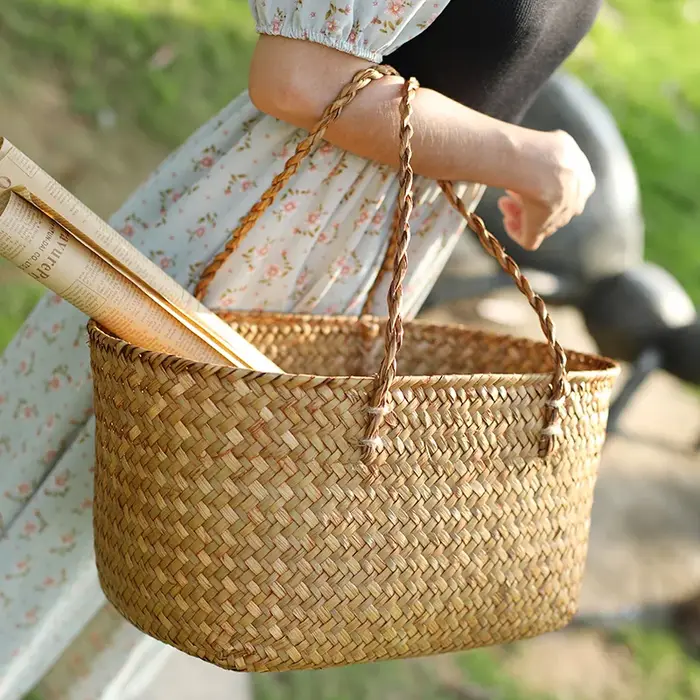 Grand sac fourre-tout tissé à la main en herbe naturelle