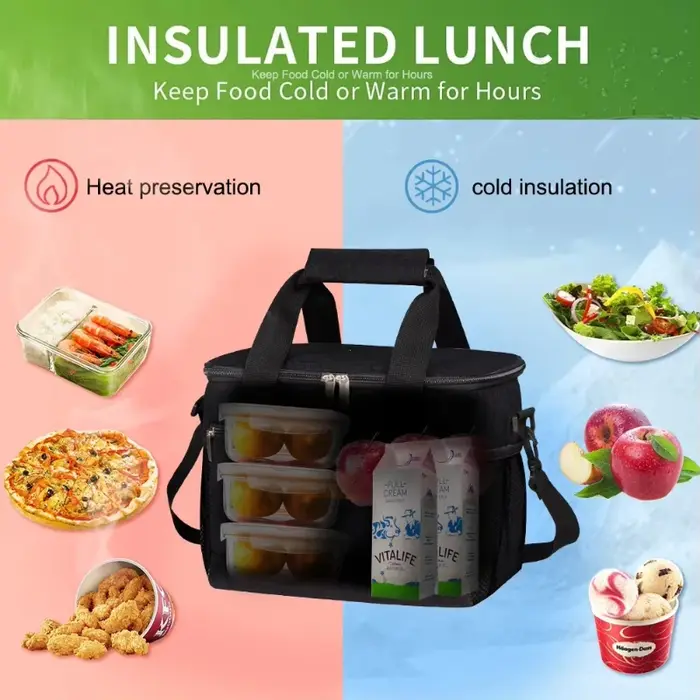 Sac isotherme pour boîte à lunch, sac isotherme portable pour étudiants, sac à main de pique-nique pour repas, avec compartiment de rangement, 1 pièce, noir