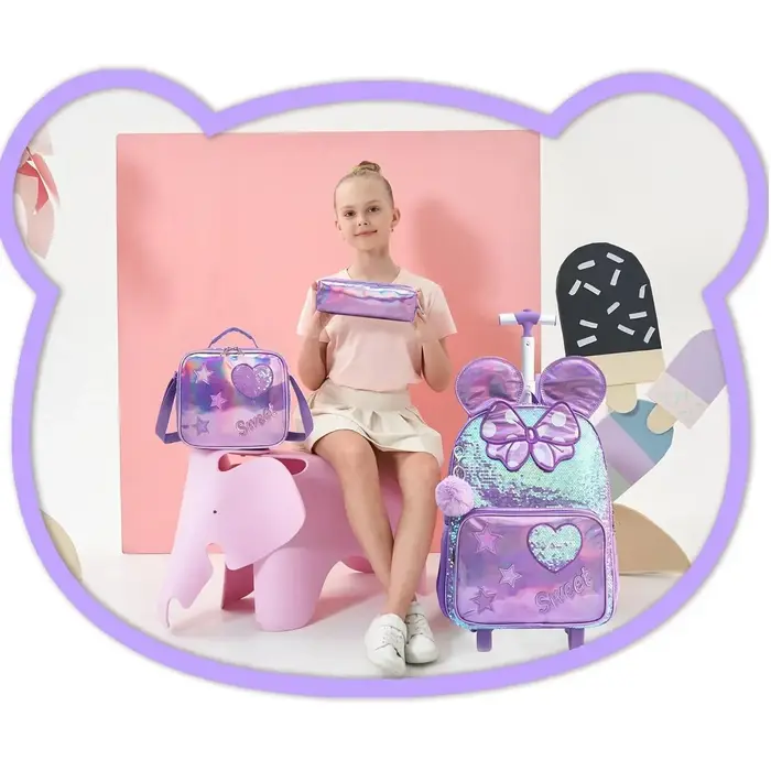 3 pièces mignon paillettes filles sac à dos roulant primaire enfant école sacs à dos fille avec roues retour à l'école