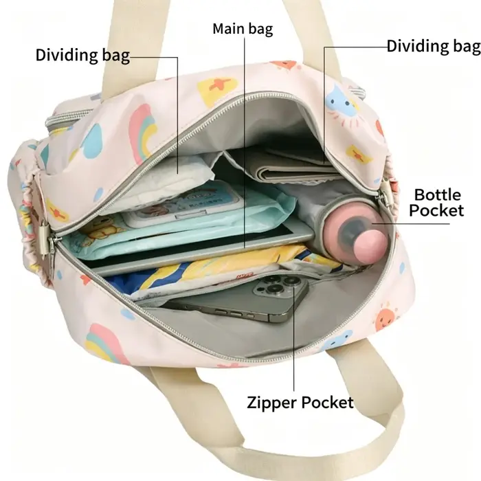 Sac à dos de voyage pour bébé - Grande capacité, portable, avec bandoulière et motif imprimé, idéal pour les sorties.