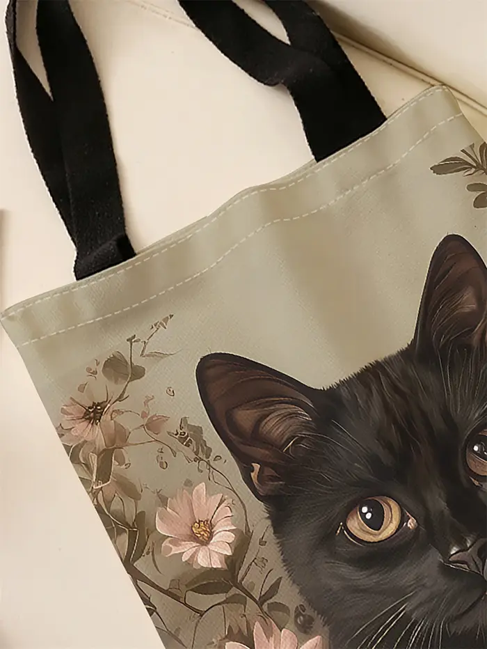 Sac à main décontracté imprimé motif chat noir, sac à dos réutilisable à la mode, sac à main multifonctionnel, sac de shopping en toile