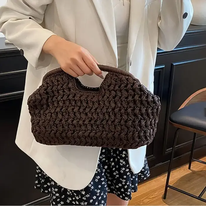 Sac de loisirs grande capacité en paille tressée demi-lune