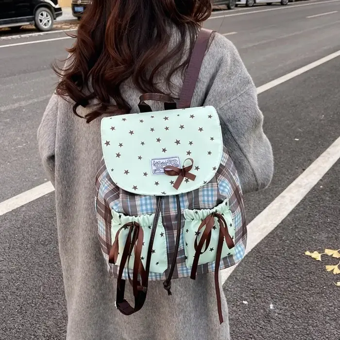 Sac à dos double épaule Sweet Bow, imprimé étoiles, couleur contrastée, sacs d'école pour étudiants, motif à carreaux, vintage, vert menthe, petit sac à dos pour filles