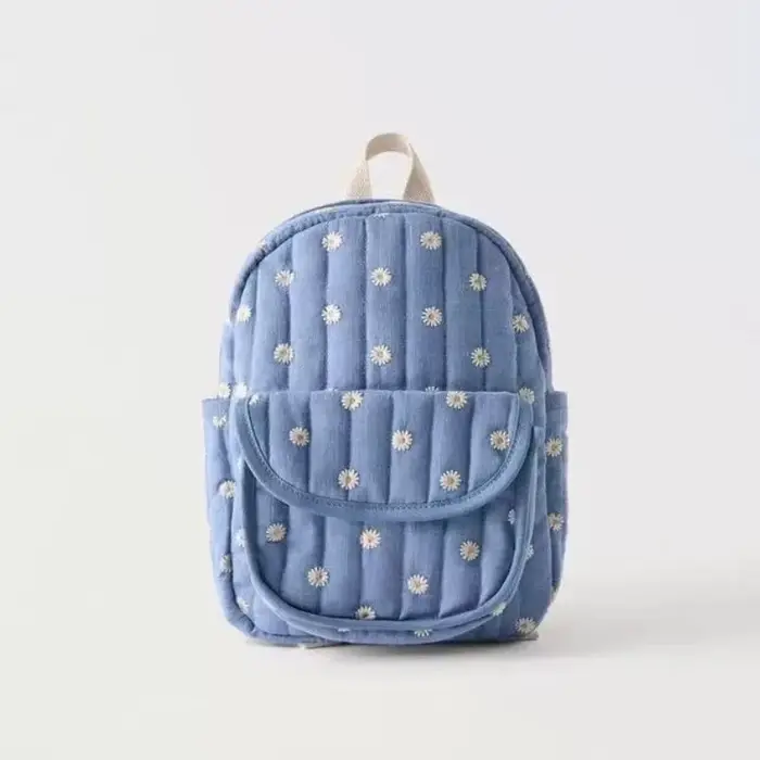 Sac à dos d'étudiant bleu marguerite de dessin animé, sac d'école brodé mignon, sac à dos décontract